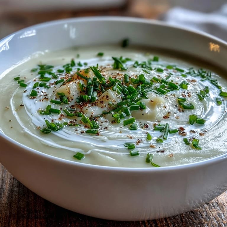 Seafood-enhanced Potato Leek Soup in a white bowl, garnished with fresh parsley and shrimp.