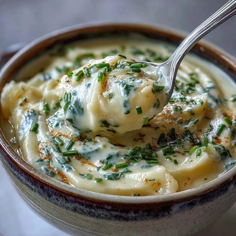 Steaming pot of blended potato leek soup with golden Yukon Gold potatoes and sautéed leeks.