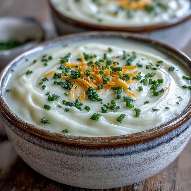Velvety Cream of Potato Soup ladled into a ceramic bowl, served with crusty bread on a wooden table.