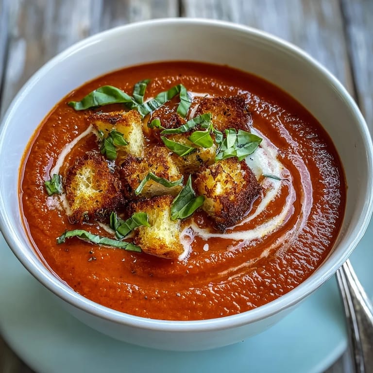 Top-down view of Creamy Roasted Tomato Soup, topped with basil and golden croutons beside a warm grilled cheese.