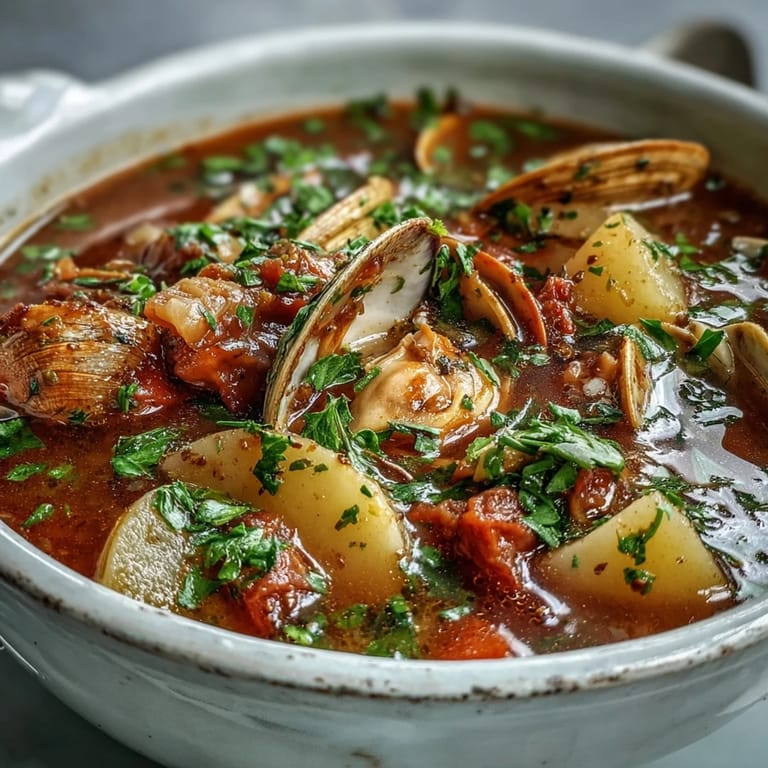 Freshly made Manhattan Clam Chowder served hot with parsley garnish and oyster crackers.