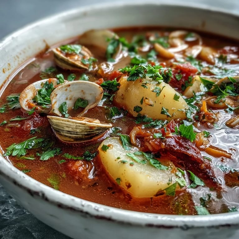 Red tomato-based Manhattan Clam Chowder with tender clams, carrots, celery, and crusty bread.