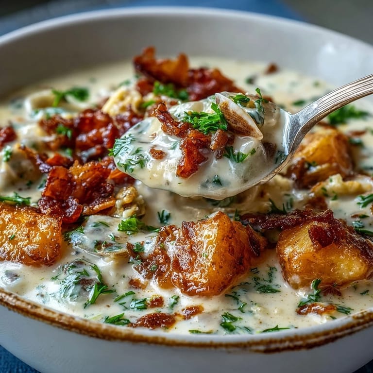 Hearty New England Clam Chowder featuring tender clams and diced potatoes in a rich, creamy broth.