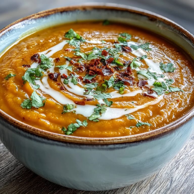 Bowl of vibrant Carrot and Lentil Soup topped with herbs, served alongside toasted bread for a cozy vegan dinner.