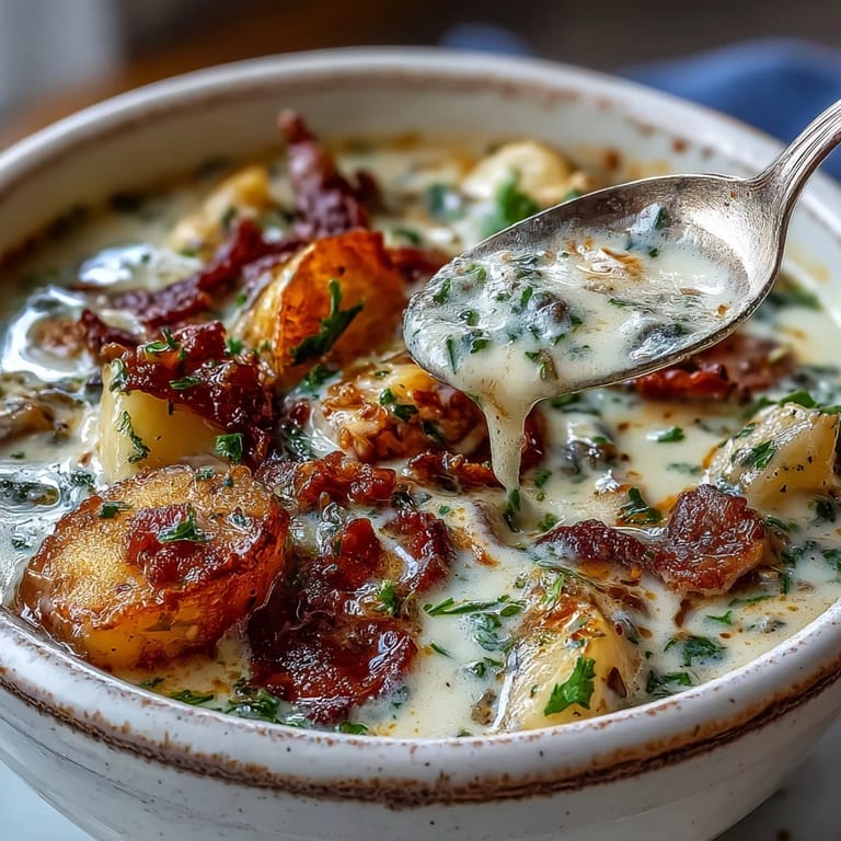 A steaming pot of New England Clam Chowder with diced potatoes and bacon, ready to serve with crusty bread.