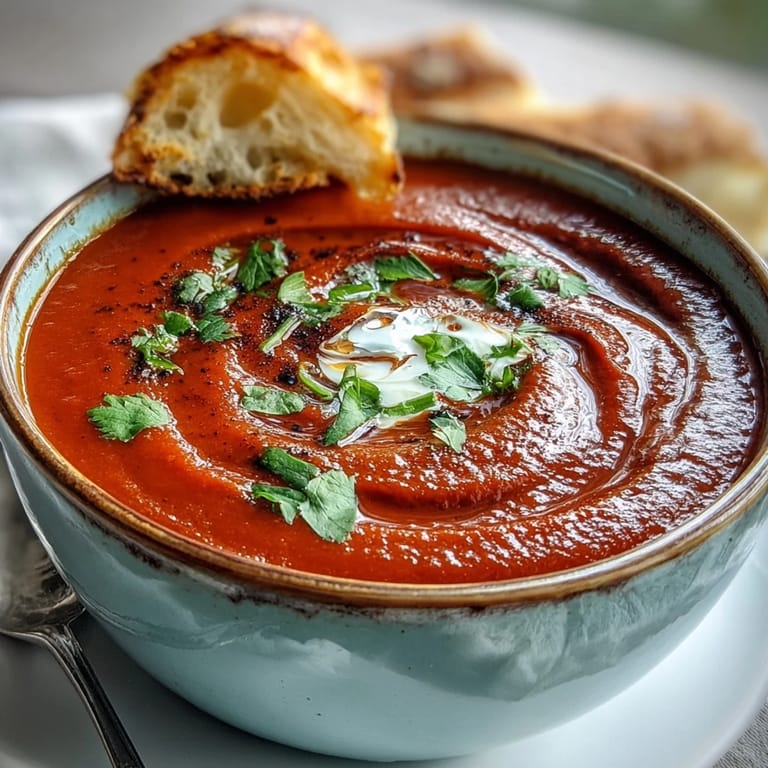 This silky Roasted Red Pepper Soup is served with crusty bread on the side.