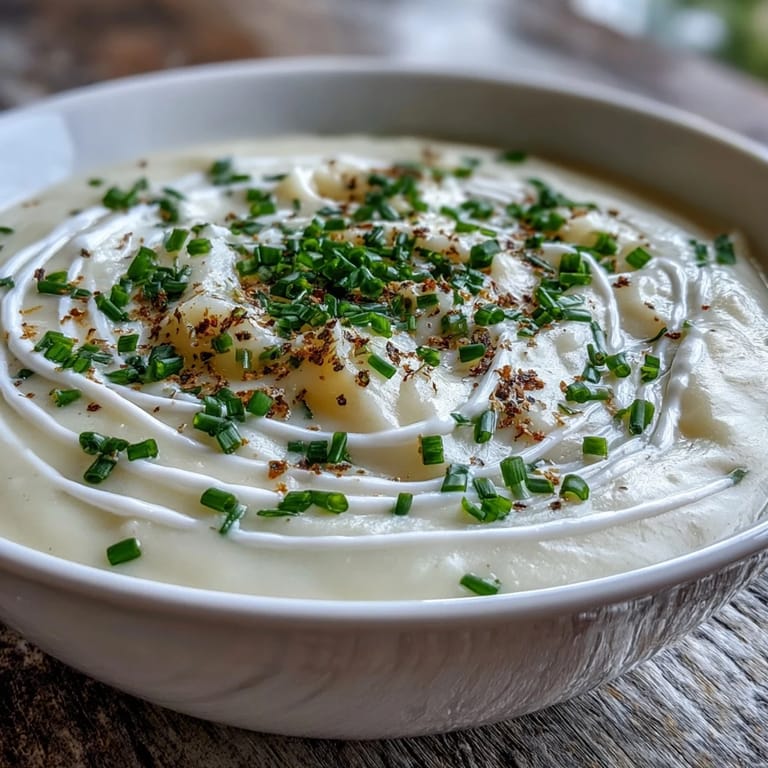 Immersive Potato Leek Soup topped with crispy bacon bits alongside warm crusty bread slices. 