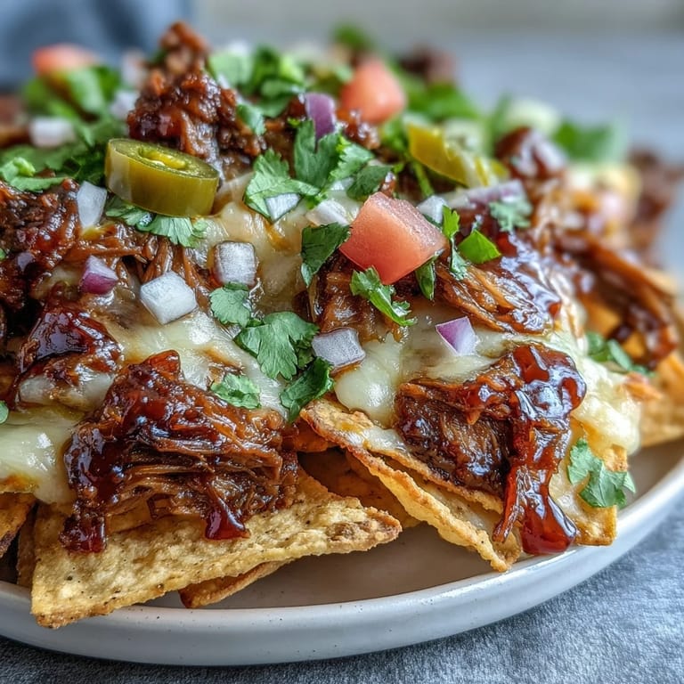 Piled-high tortilla chips with smoky barbecue beef, gooey cheese, and fresh cilantro for game day snacking.