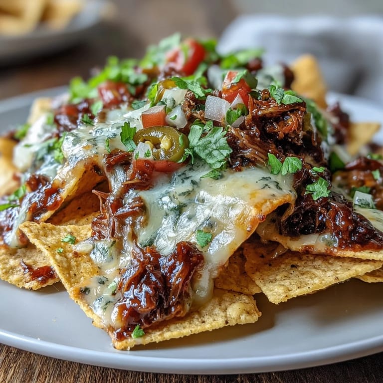 Sizzling BBQ Beef Nachos just out of the oven, garnished with diced red onion, tomatoes, and avocado.