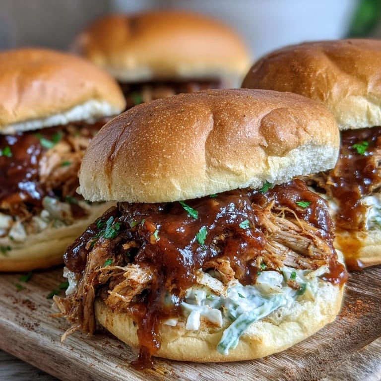 Tender, shredded Applesauce Pulled Pork Sandwiches served hot with a side of tangy slaw and apple cider glaze.