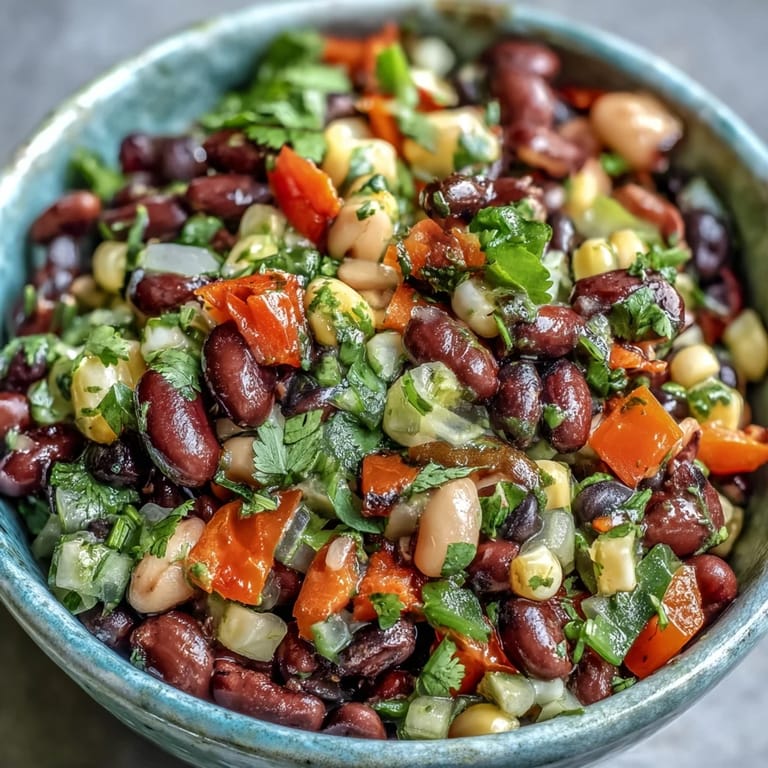 A vibrant Tex-Mex Cowboy Caviar salad with fresh tomatoes and cilantro, perfect as a hearty side dish.