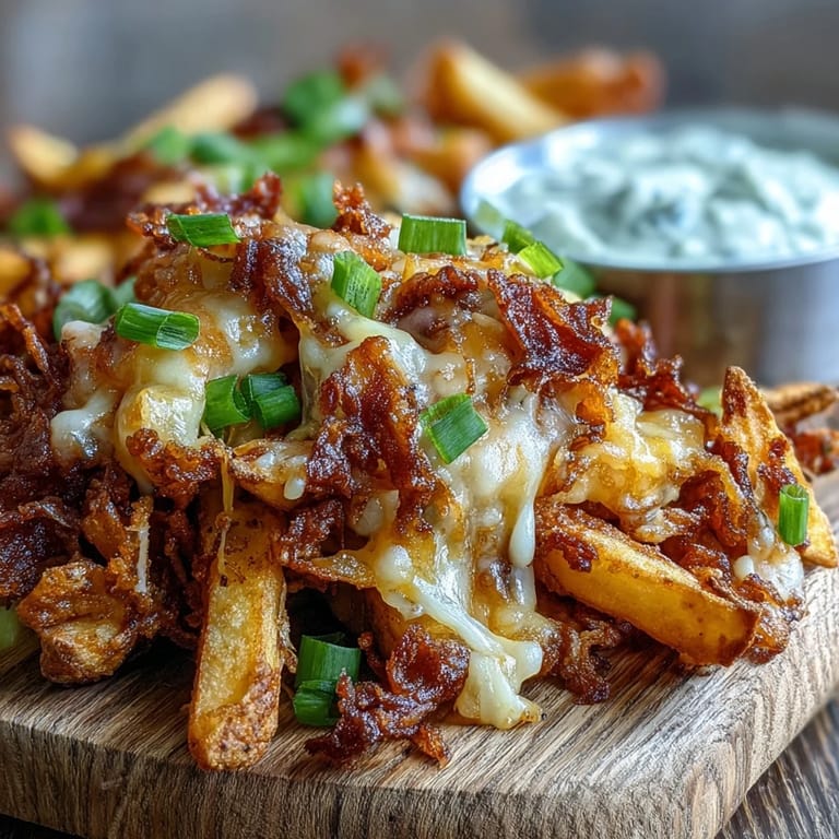 A close-up of crispy Cheesy BBQ Fries with Ranch Dip featuring smoky seasoning and creamy sauce.