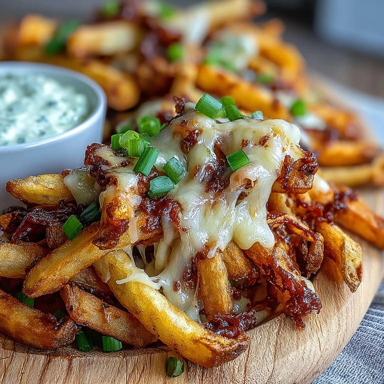 Sizzling Cheesy BBQ Fries with Ranch Dip served hot as a savory game day snack.