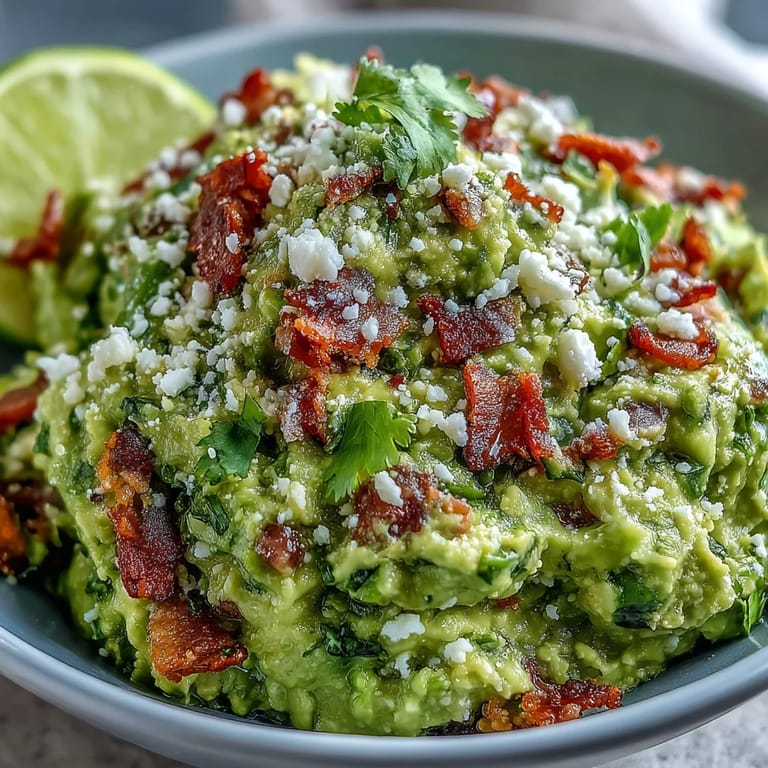 Creamy Bacon Guacamole with Cotija cheese is topped with crispy bacon crumbles for a smoky, savory appetizer. 