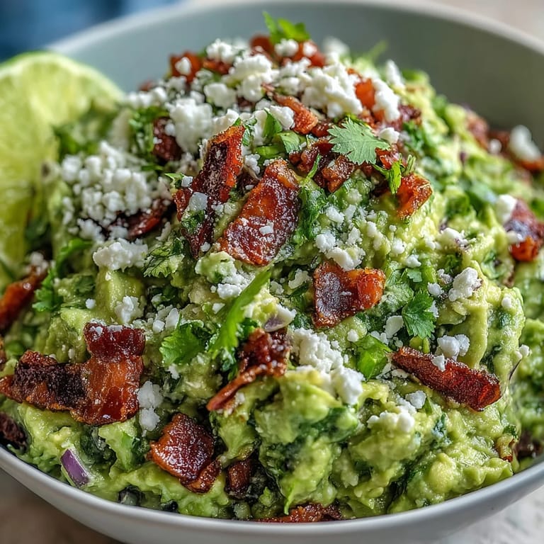 A festive bowl of Bacon Guacamole with Cotija cheese surrounded by blue corn tortilla chips and fresh lime slices.