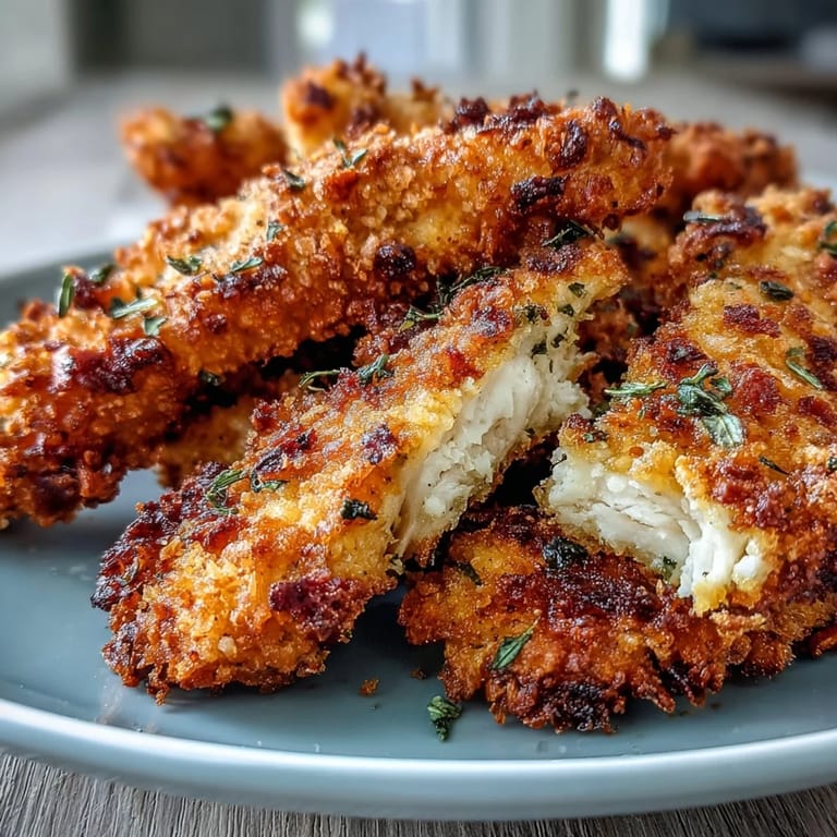 A basket of golden-brown air fryer chicken strips with a light Parmesan and herb crumb coating, ready to serve.