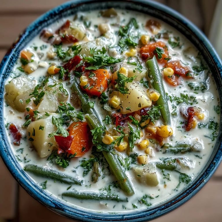 Steaming pot of Amish Snow Day Soup reveals chunks of potatoes, carrots, and corn in a creamy herb base.