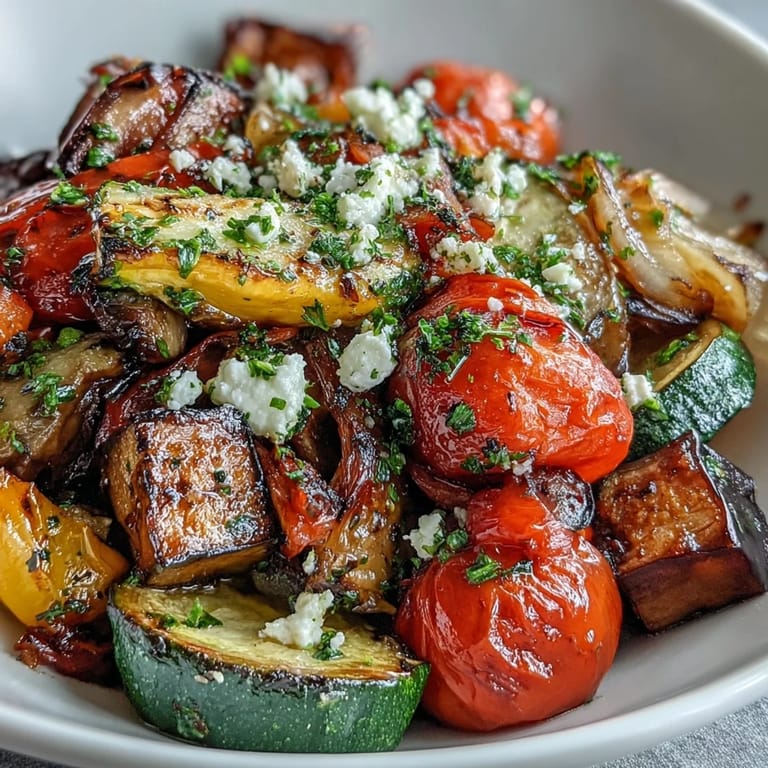 A close-up of Roasted Mediterranean Greek Vegetables, featuring caramelized edges on eggplant, zucchini, and peppers glistening with olive oil.