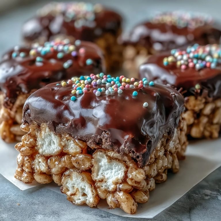 A close-up view of Chocolate Covered Rice Krispy Treats with a glossy chocolate topping, resting on a rustic wooden board ready for serving.