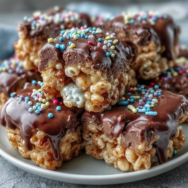 Chocolate Covered Rice Krispy Treats bars arranged on parchment, highlighting the gooey marshmallow texture and rich dark chocolate coating for a delicious dessert.