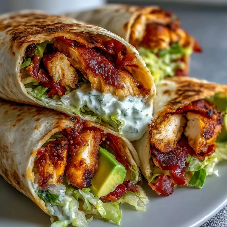 Warm flour tortilla wrapped around crispy bacon, seasoned chicken, and shredded lettuce, drizzled with tangy sauce.
