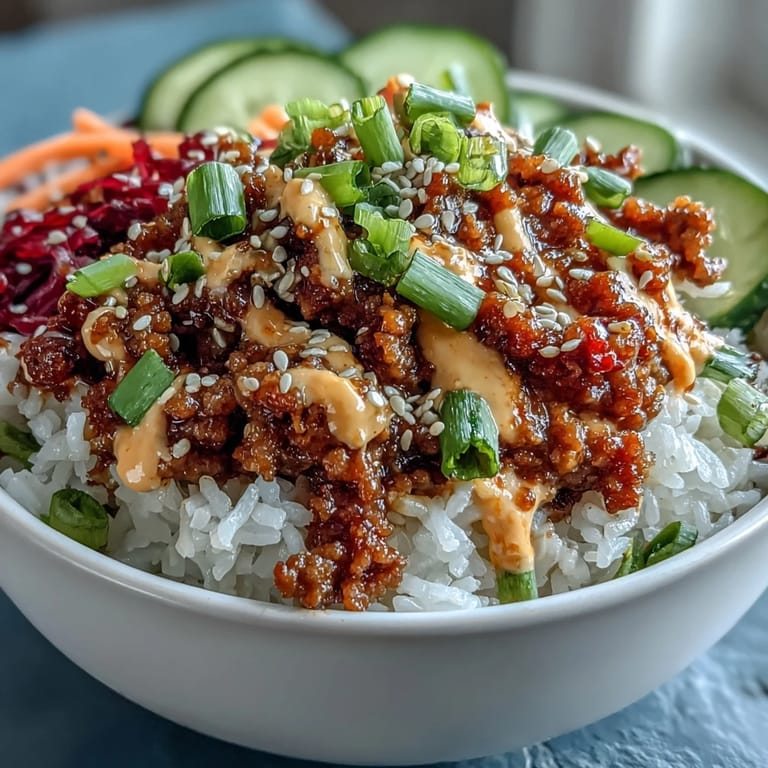 Colorful Asian-inspired bang bang ground turkey rice bowls with fresh veggies, scallions, and lime wedges for serving.