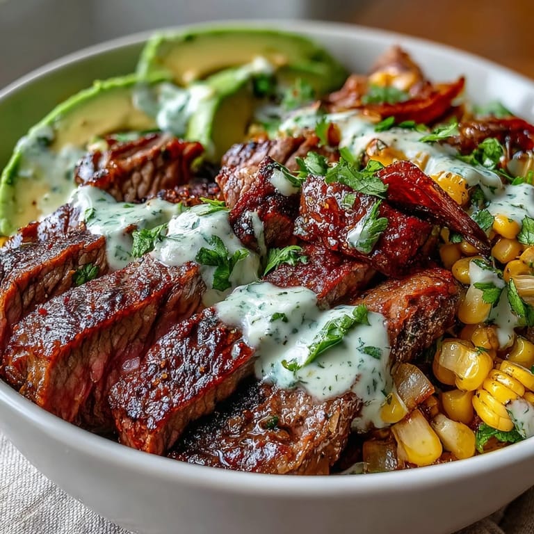 Sizzling flank steak and roasted corn meet juicy avocado and Cotija cheese in a Tex-Mex inspired dinner bowl with lime.