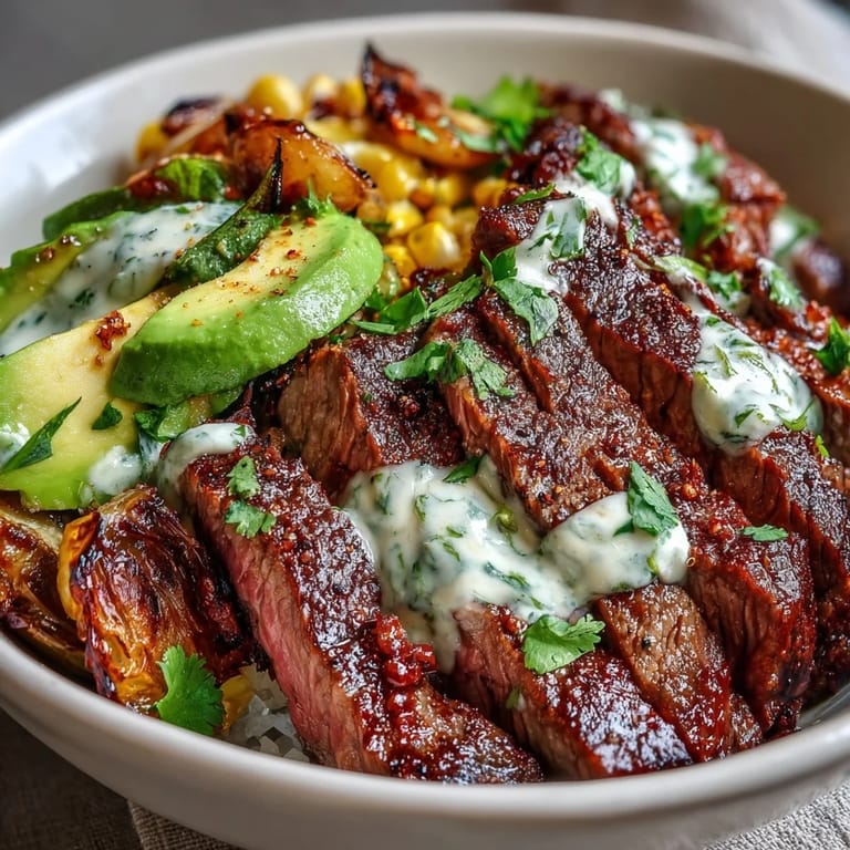 Colorful bowl features tender sliced steak, bright cherry tomatoes, and smooth cilantro sauce over a bed of quinoa for a satisfying meal.