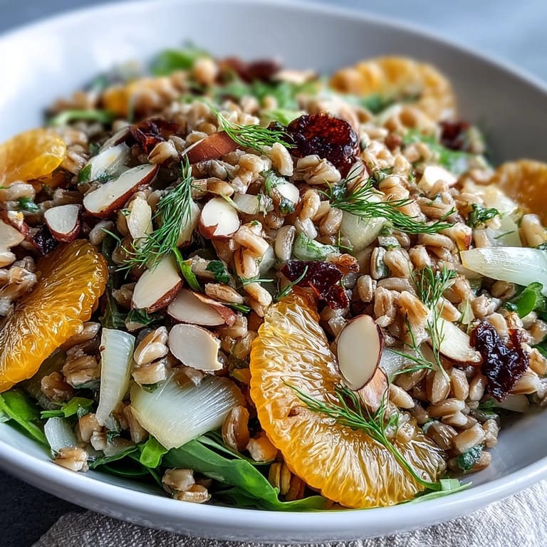 Tossed Mediterranean Farro Salad Bowl with Fennel, Oranges & Almonds glistens with zesty orange vinaigrette over hearty grains and crisp vegetables.