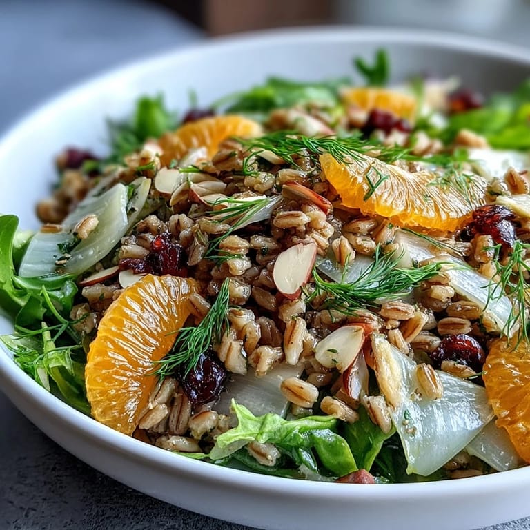 Hearty vegetarian Farro Salad Bowl with Fennel, Oranges & Almonds topped with golden toasted almonds and bright fennel fronds, ready to serve.