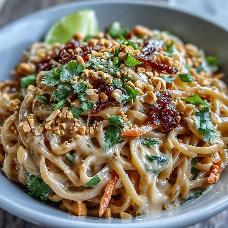Vibrant rice noodles tossed with crunchy carrots, bell peppers, and cabbage, all coated in a creamy homemade peanut dressing for dinner.