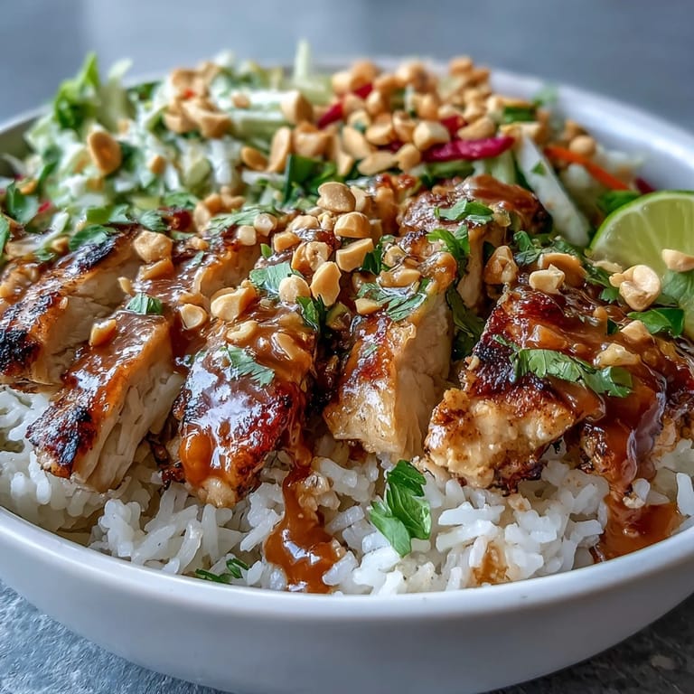 A fork lifts tender chicken from fluffy coconut rice in this vibrant Coconut Rice Peanut Bowl, garnished with peanuts.