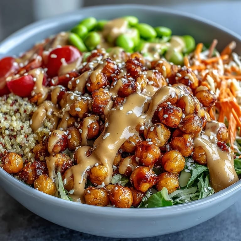Fresh cucumbers, edamame, and cherry tomatoes garnish this hearty Peanut Chickpea Protein Bowl, served with lime and chopped peanuts.