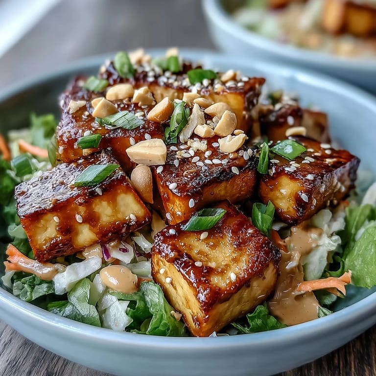 Spoon lifting a bite of the Peanut Tofu Power Bowl showing saucy tofu, crisp veggies, and sesame seeds over brown rice.