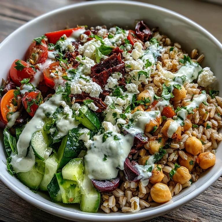 Colorful Mediterranean Farro Bowl with chickpeas, fresh veggies, and tahini dressing ready to serve.