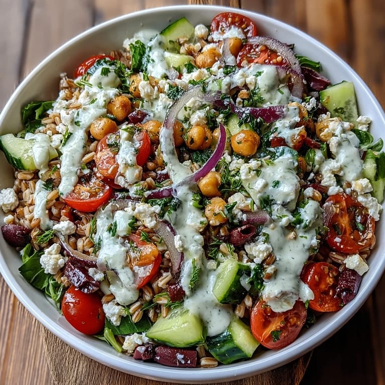 A wholesome Mediterranean Farro Bowl tossed with spinach, olives, and bright lemon tahini dressing.