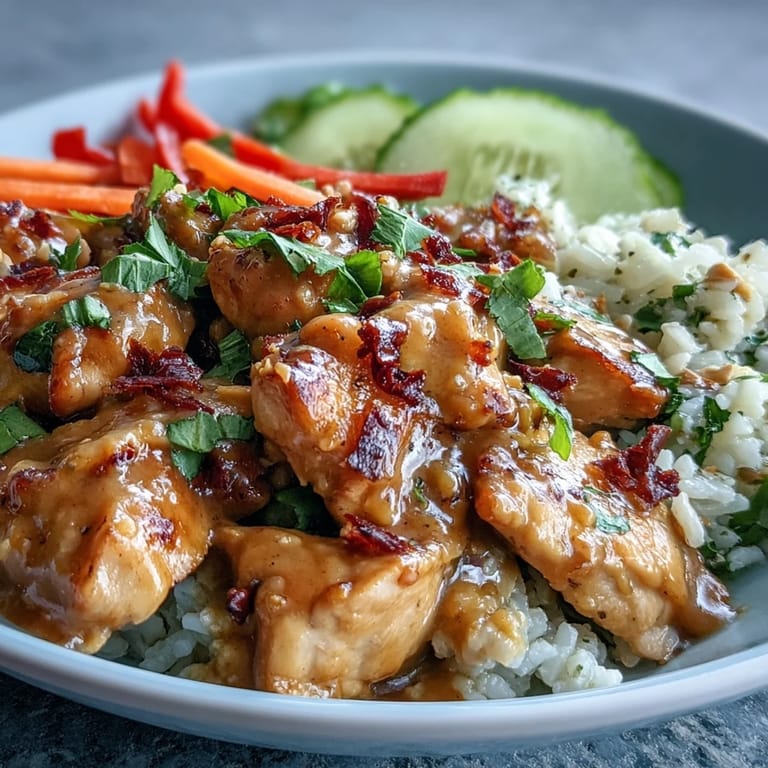 A vibrant Thai Peanut Chicken Bowl topped with chopped peanuts, fresh cilantro, and lime wedges, ready to be served for a flavorful dinner.