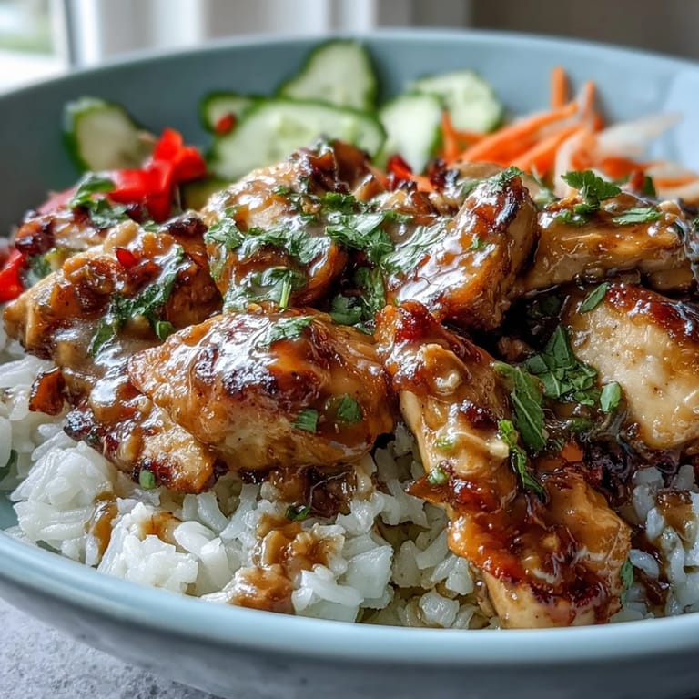 Close-up view of a Thai Peanut Chicken Bowl featuring juicy chicken, colorful bell peppers, and shredded carrots tossed in a rich peanut sauce.