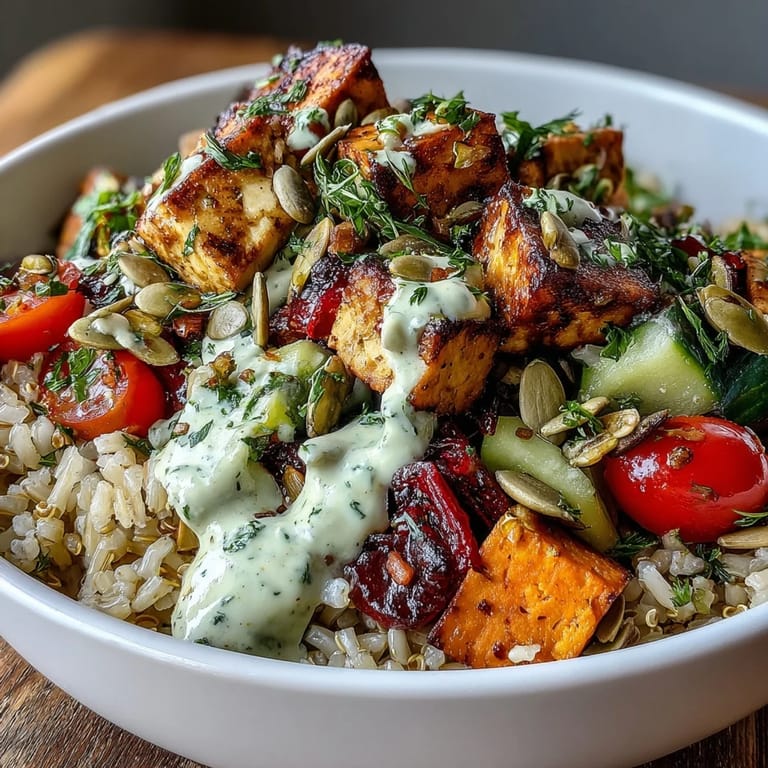 Colorful Customizable Grain Bowl featuring grilled chicken and avocado, sprinkled with feta and seeds for a satisfying crunch.
