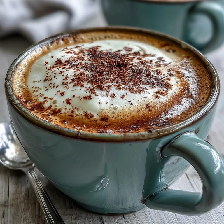 Homemade Hojicha Cappuccino in a white ceramic mug, featuring a toasted tea base and velvety steamed milk, served alongside a delicate wagashi.