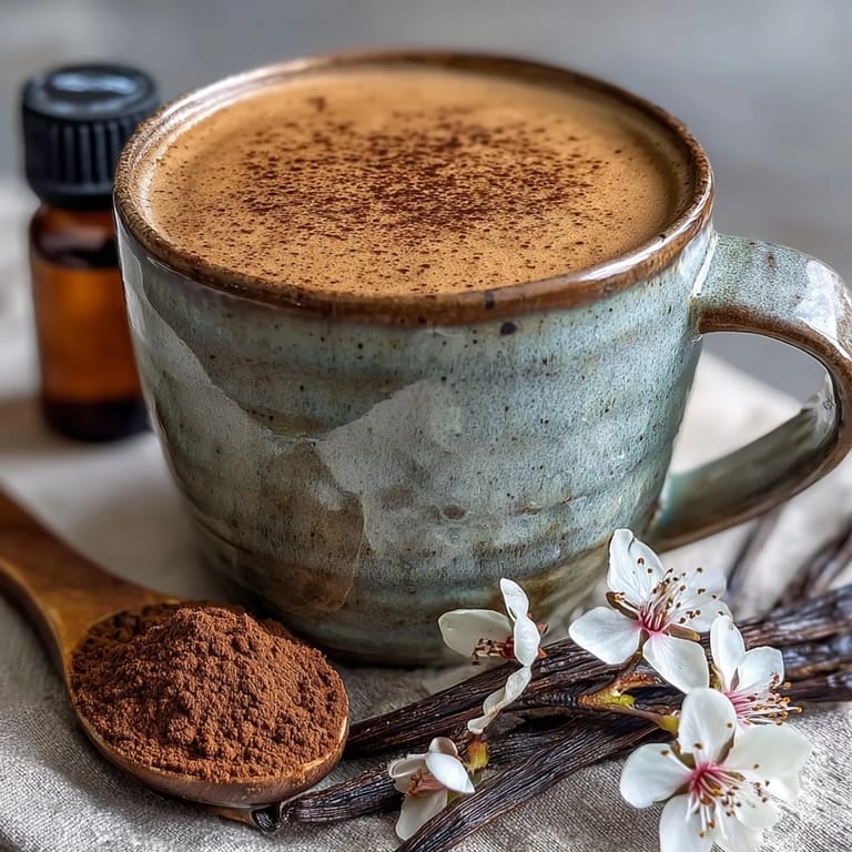 Warm, roasted Hojicha Latte with Vanilla Extract in a clear mug beside maple syrup and a spoon.