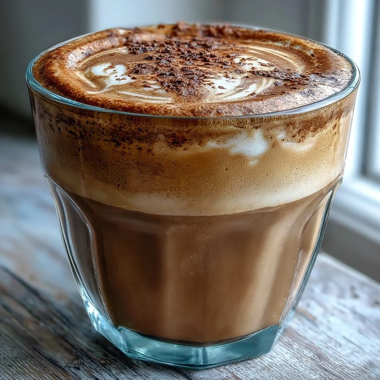 A warm cup of Hojicha Flat White beside roasted hojicha leaves, showcasing creamy milk froth and a smooth, toasty hue.