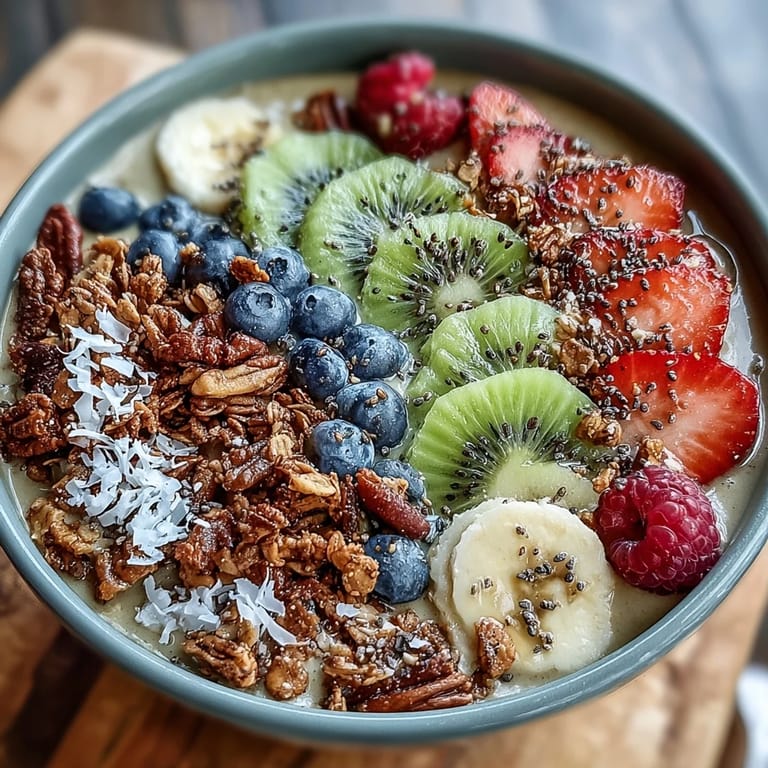 Earthy roasted green tea Hojicha Smoothie Bowl with sliced kiwi and berries served in a ceramic bowl.