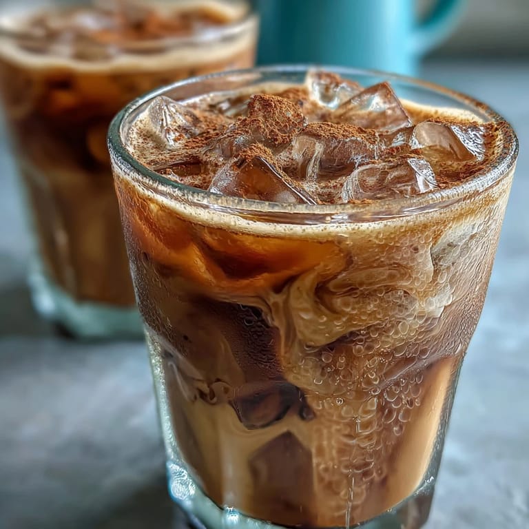 Steaming hot hojicha tea is poured over ice and milk, making a frothy Iced Hojicha with Cinnamon.