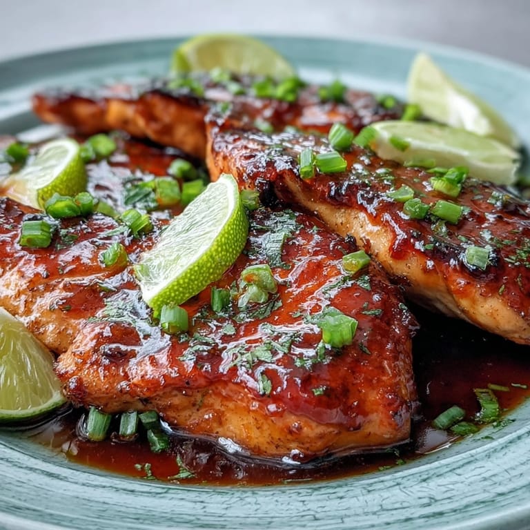 Gluten-free Thai Sweet Chili Chicken garnished with fresh green onions and lime wedges on a wooden serving dish.