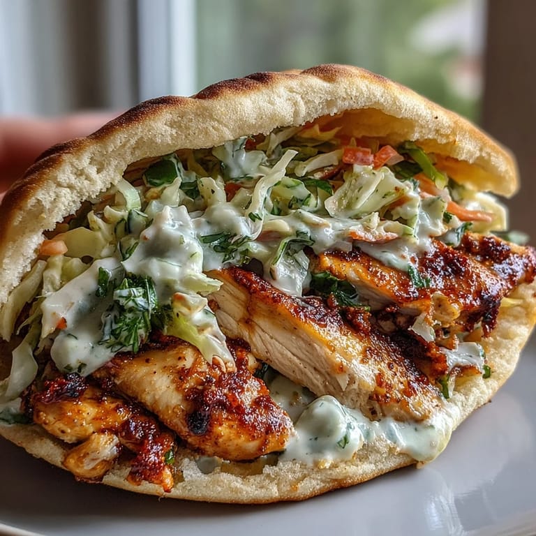Golden sliced chicken and crunchy cabbage slaw packed into soft pita bread for a satisfying meal.