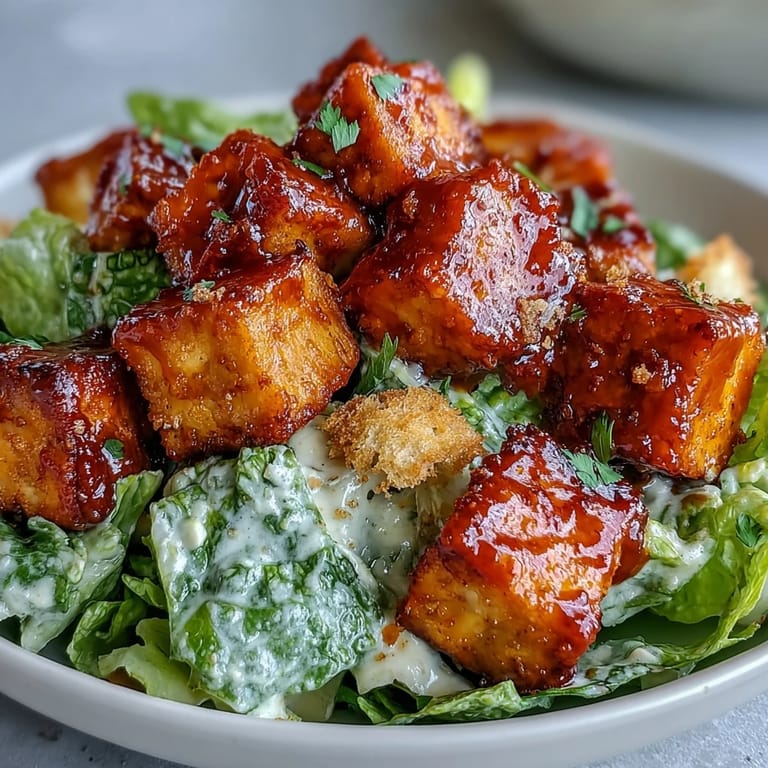 Freshly prepared Crispy Buffalo Tofu with Creamy Caesar Salad shows crunchy tofu, creamy dressing, and croutons on a vibrant plate ready to enjoy.