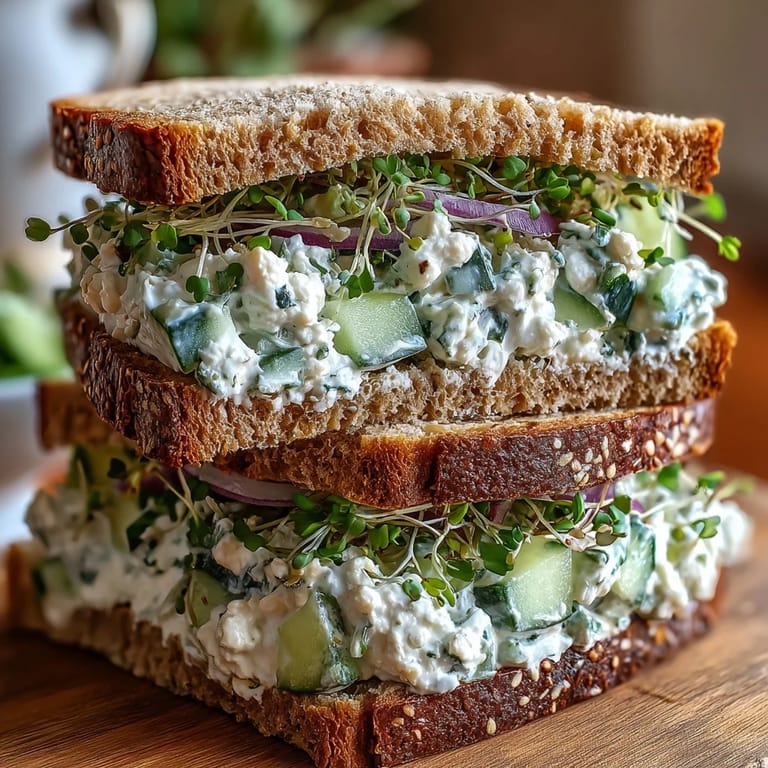 A fresh cucumber salad with herbs and feta piled on whole-grain bread, topped with crunchy sprouts.