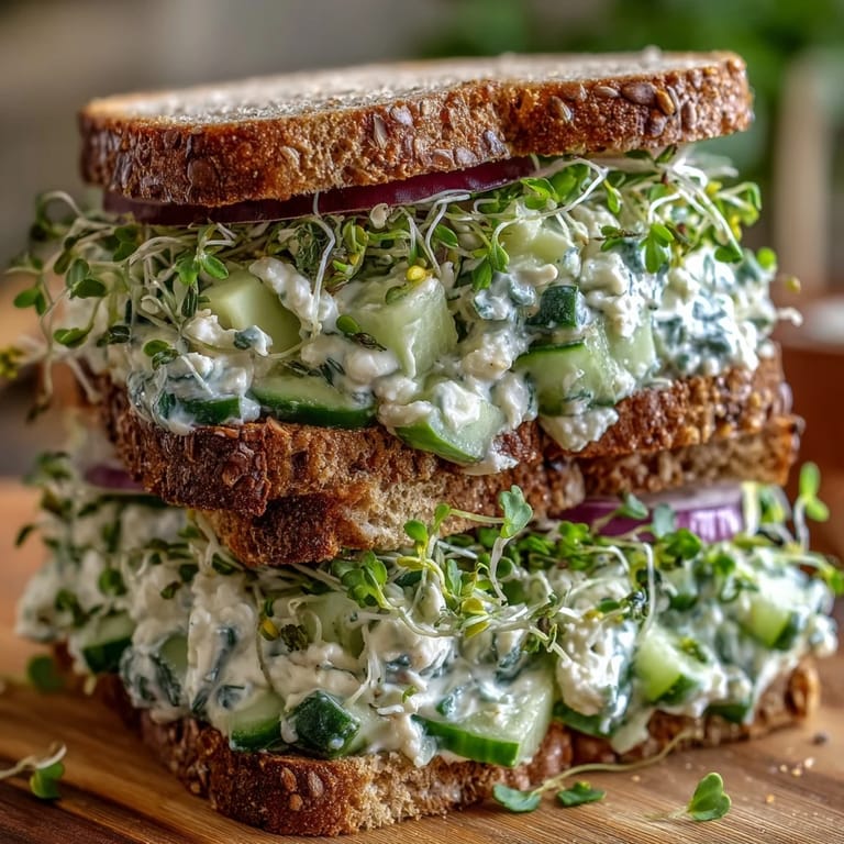 Creamy Greek yogurt and feta blend with crisp cucumbers and herbs on hearty whole-grain bread.