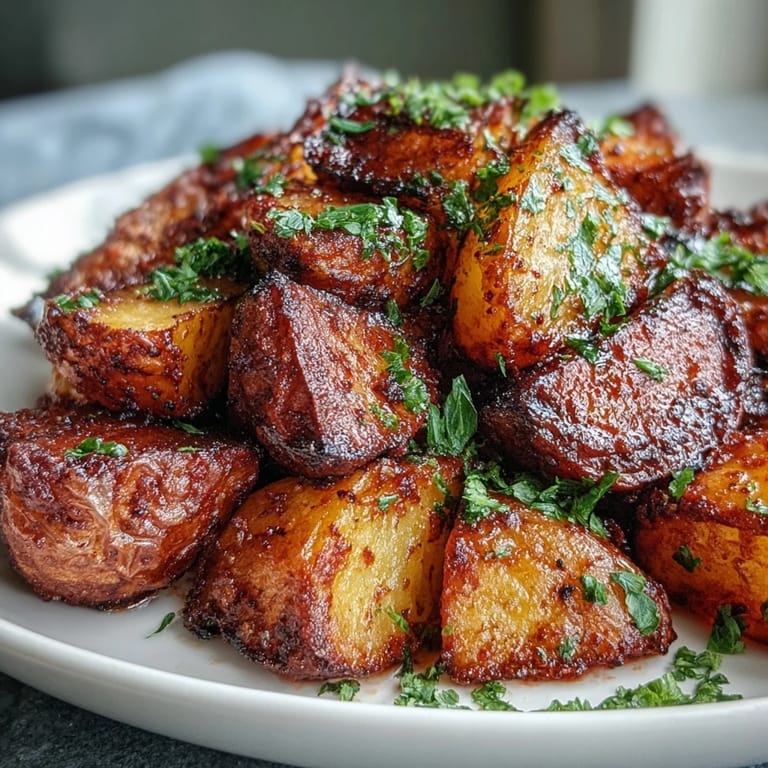 Golden potatoes tossed in a spicy Mexican-style sauce with lime and cilantro garnish. 